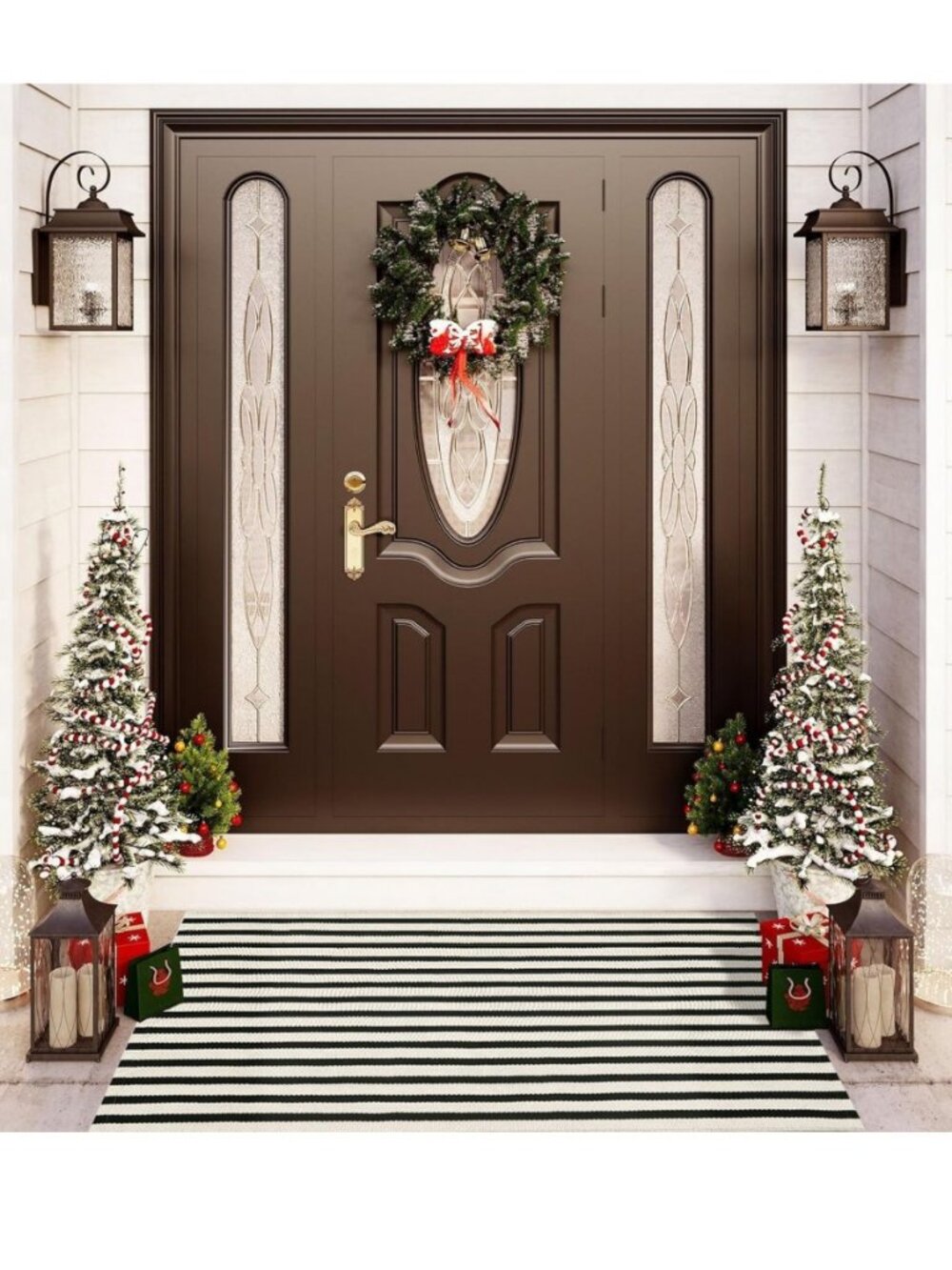 Outdoor Rug 3x5 Washable Cotton Striped Entryway Mat Black Cream Door Rug